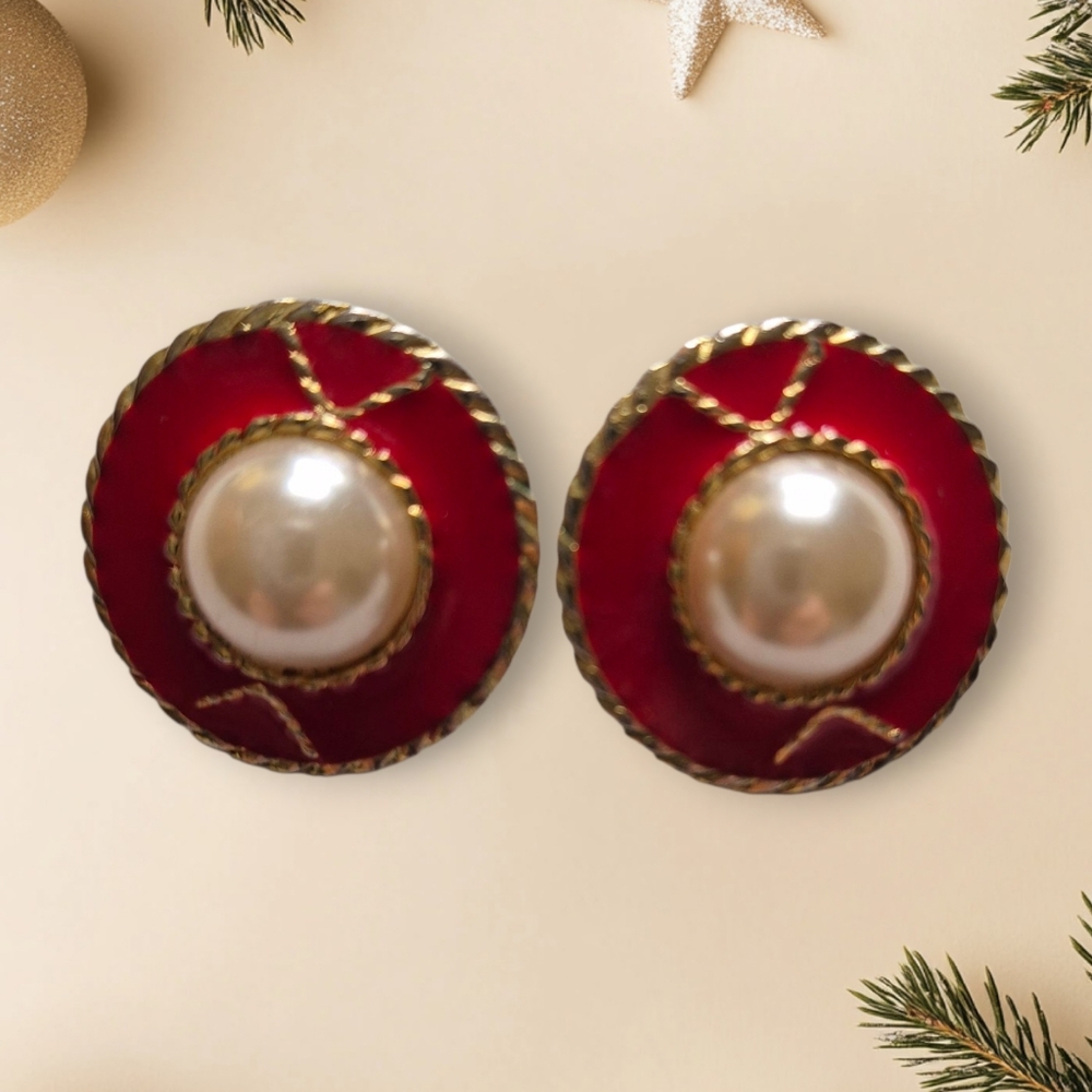 Round Red goldtone Rope Trim clip on vintage earrings - Picture 8 of 8